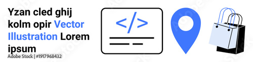 Web development, navigation, e-commerce, online shopping, digital marketing, technology. Code symbol, blue location pin and shopping bags. Web development and navigation concepts
