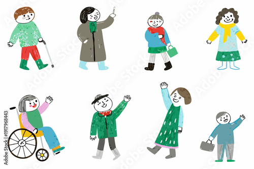 Diverse group of people with varying abilities and winter clothing