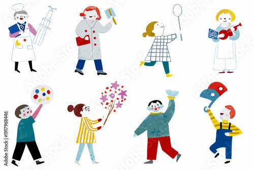 Colorful illustration depicting a group of children and circus performers