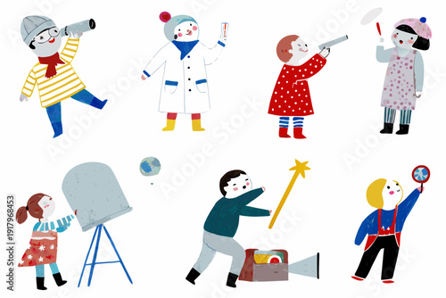 Children observing the night sky with various astronomical tools