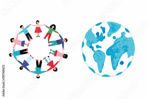 People holding hands in a circle with a globe representing unity