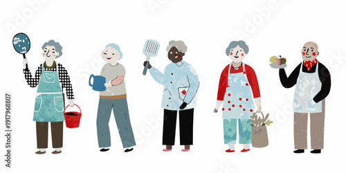 Diverse group of senior adults preparing food and enjoying cooking together