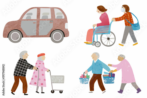 Illustration depicts assistance with mobility and daily living for seniors