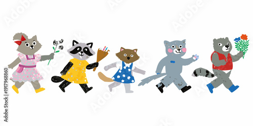 A line of anthropomorphic animal characters cheerfully walking with flowers