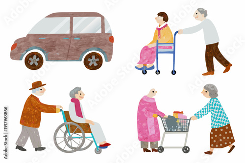 Elderly assistance illustrations of seniors receiving help with mobility