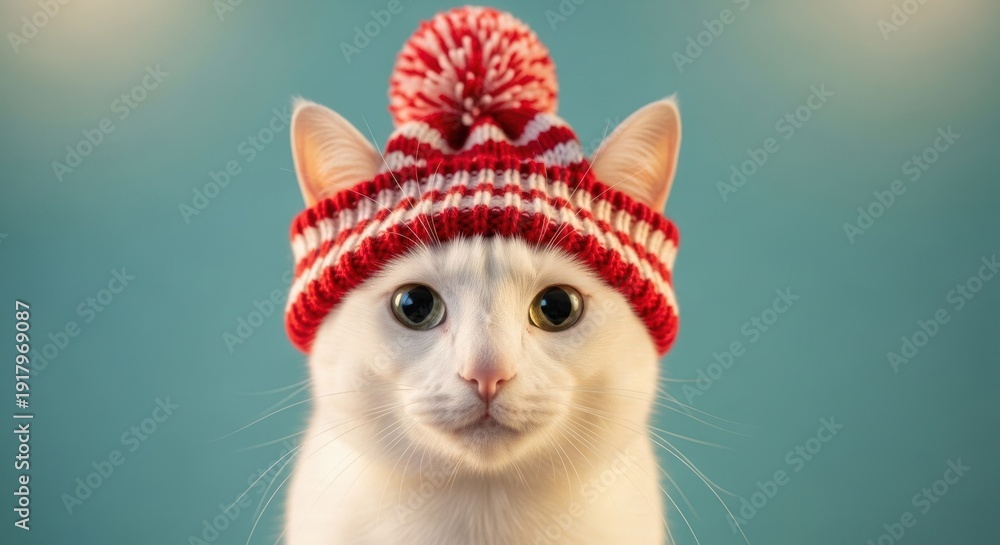 Fototapeta premium A white cat with wide eyes wears a red & white striped knit winter hat, against a teal backdrop