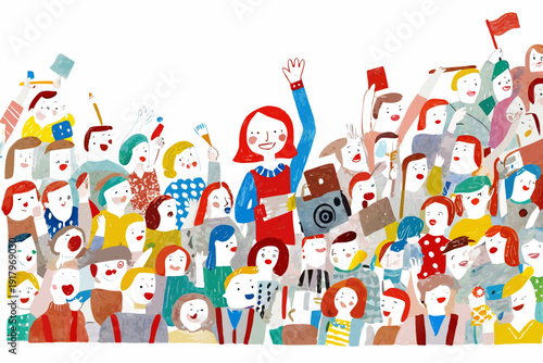 A diverse crowd of people celebrating with raised hands and flags