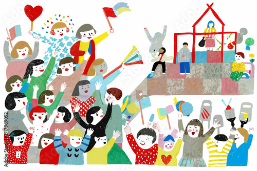 A cheerful illustration depicts a lively parade and celebration scene