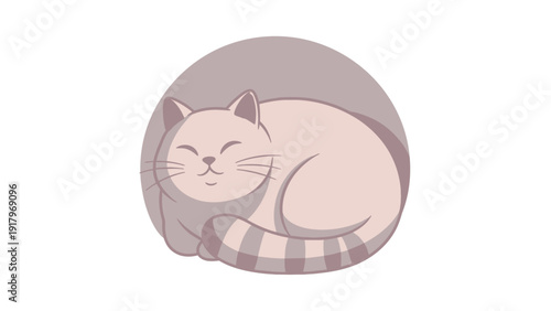 A cute cartoon cat is peacefully sleeping, curled up in a minimalist illustration.
