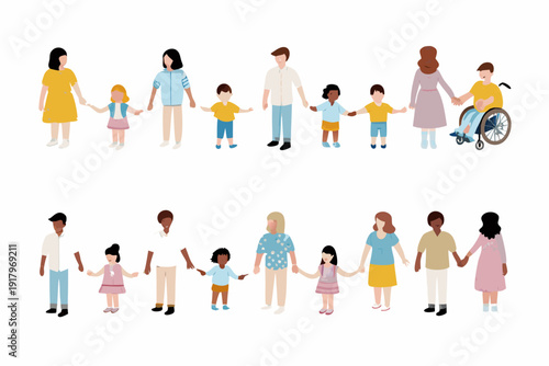 Diverse group of children and adults holding hands in a line