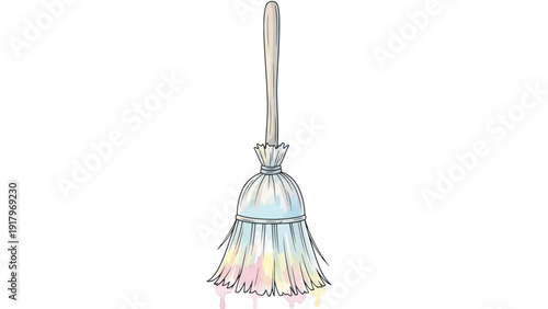 A colorful broom illustration with dripping paint