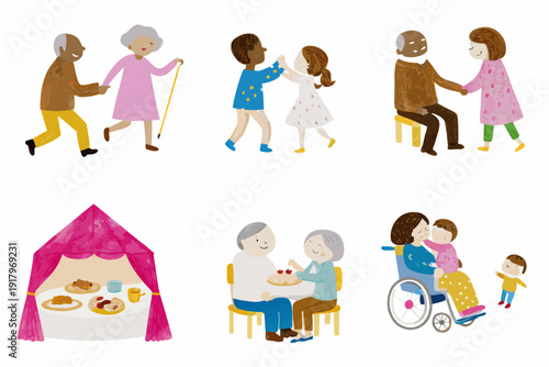 Diverse generations interacting walking dining and showing affection