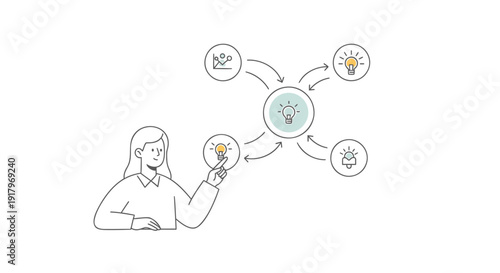 Creative idea and innovation concept vector illustration, woman holding lightbulb with ideas and inspiration icons around her.