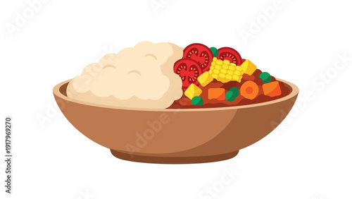 Bowl of rice with vegetable stew and tomatoes