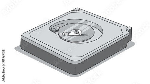Isometric illustration of an open hard disk drive for data storage.