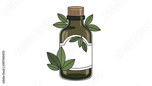 Illustration of a glass bottle with green leaves and blank label