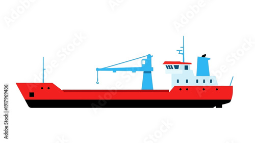 Red cargo ship with a crane on white background.