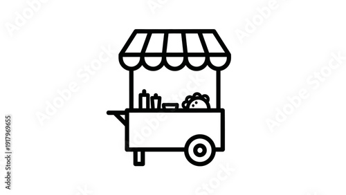 Simple black and white illustration of a food cart selling tacos.