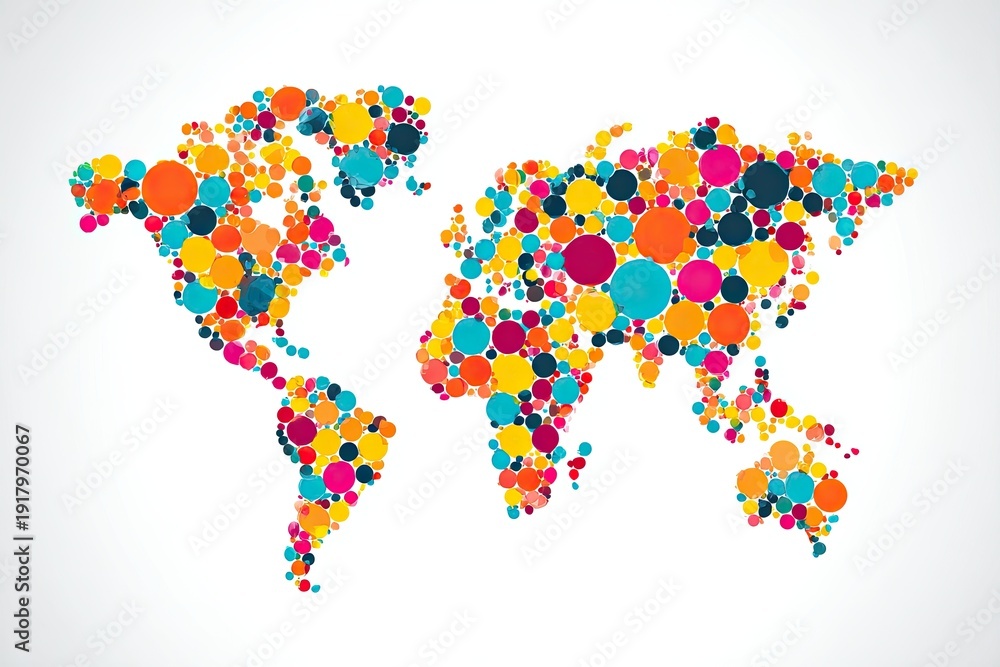 Fototapeta premium Colorful world map made of various-sized circles of diverse hues on a white background
