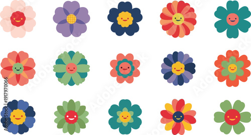 Colorful cartoon flowers with smiling faces