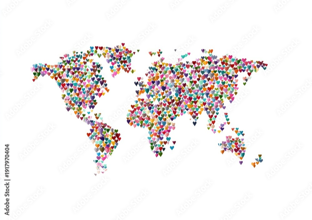 Fototapeta premium World map illustration composed of countless multicolored heart shapes on a white background
