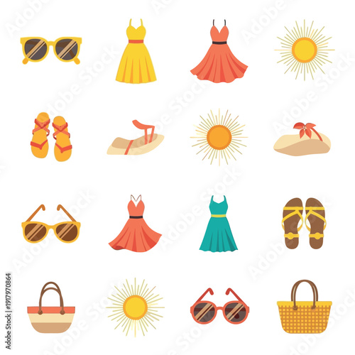 Flat lay illustration of various summer icons including clothing, accessories, and symbols on a white background.