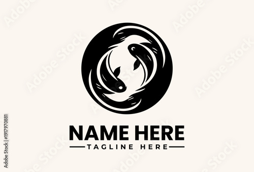 A black and white logo featuring two koi fish in a circular design with a placeholder name and tagline on a beige background.