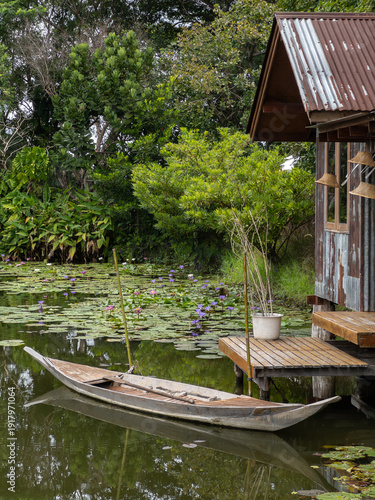 Wooden Rowboat by Rustic Riverside Hut in Lotus Pond.