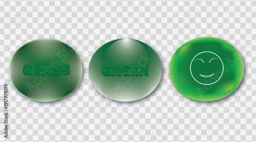 Green glass 3d UI button set glossy transparent spheres with grass, green and smile icons.