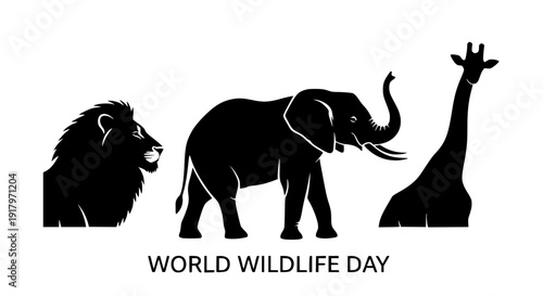 African wildlife silhouettes vector, lion elephant giraffe in horizontal composition, bold black solid shapes, minimal flat style, white background, conservation awareness concept, clean poster design