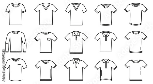 A collection of 15 black and white line art illustrations of various t-shirt styles, including crew necks, v-necks, long sleeves, and polo shirts, presented in a grid format.