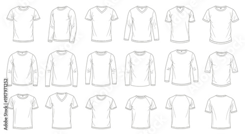 A comprehensive collection of diverse t-shirt designs, showcasing various necklines, sleeve lengths, and styles for apparel creation.
