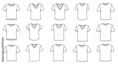 A collection of 15 white t-shirt illustrations showcasing various neckline and sleeve styles, presented in a grid format.