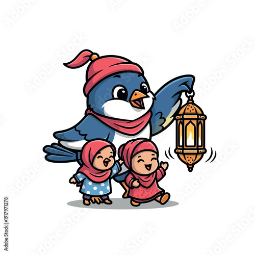 A blue cartoon penguin wearing a red headscarf holds a lantern while walking with two small children in red headscarves against a clean white background with a joyful mood.