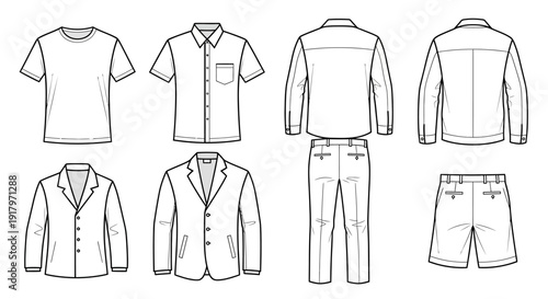Collection of men's clothing illustrations, including t-shirts, button-down shirts, jackets, trousers, and shorts, presented in a clean, line-art style.