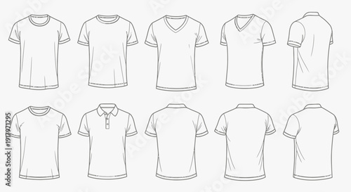 Collection of various t-shirt and polo shirt designs, front and back views, for men's fashion and apparel.