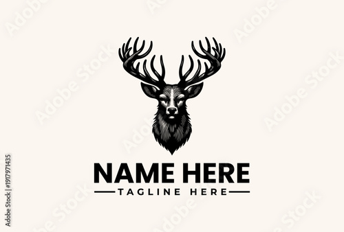 A black and white illustration of a deer head with large antlers and a placeholder text for a logo or brand name on a plain beige background.