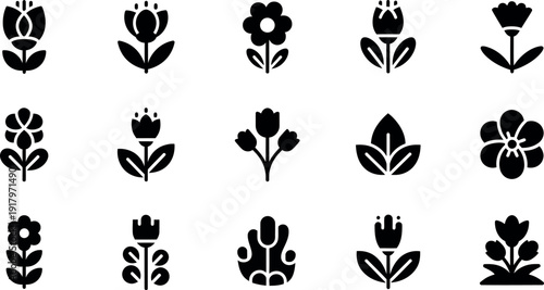 Black silhouettes of various flowers and leaves on white background