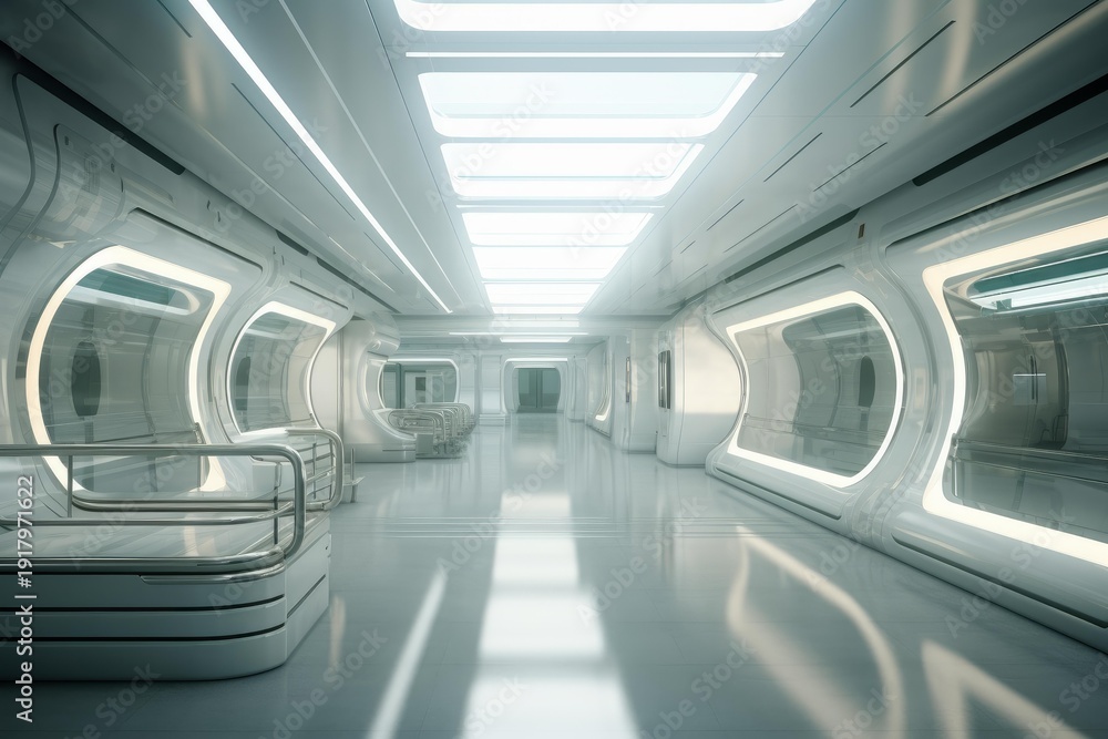 Fototapeta premium Modern white long hallway inside a sci fi spacecraft with illuminated details