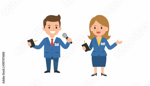 Cartoon Man and Woman Presenters in Blue Suits with Microphones and Clipboards.