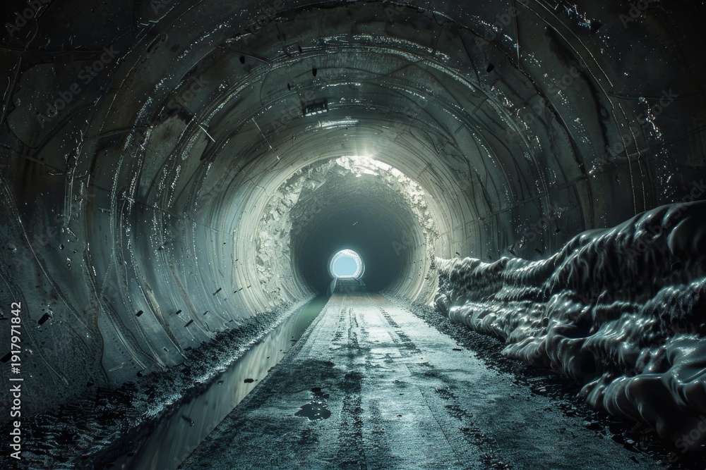 Fototapeta premium Dark round concrete tunnel with light at the end