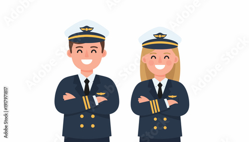 Confident Male and Female Pilots in Uniform with Arms Crossed.