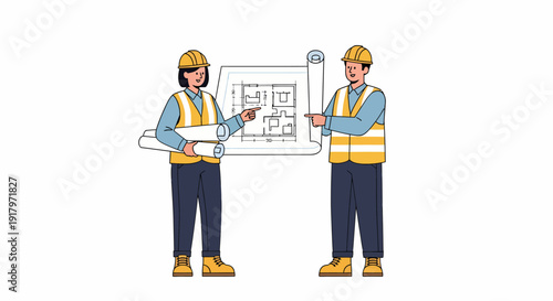 Construction Workers Reviewing Blueprint Plans on a Construction Site.