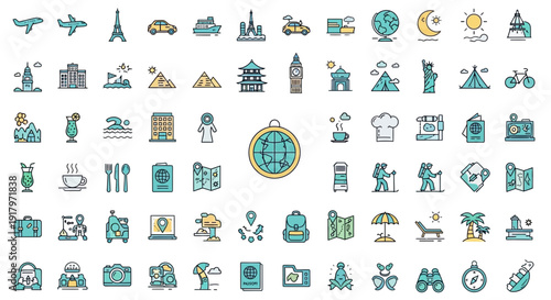 Colorful Travel and Vacation Icons Bundle