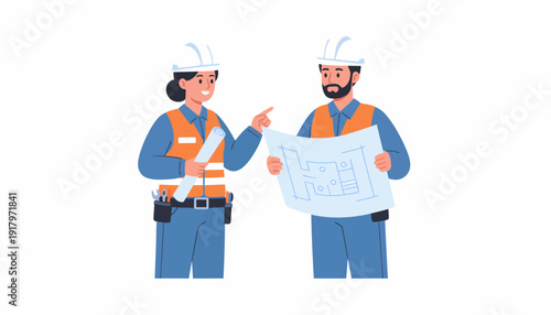 Construction Workers Reviewing Blueprints on Site Wearing Safety Gear.