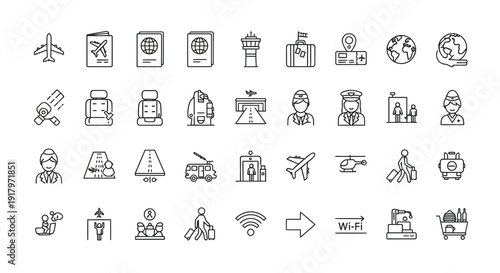 Airport and Travel Icons: Transportation and Services