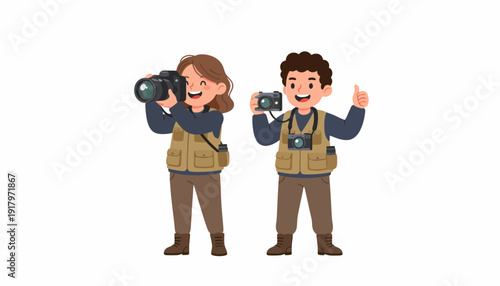 Enthusiastic Photographers Capturing Moments with Cameras and Joyful Expressions.