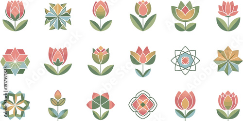 Colorful geometric flower in pink green and yellow hues flowers