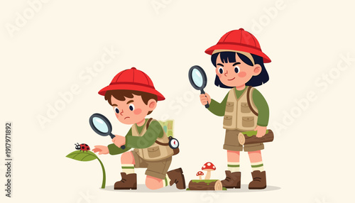 Enthusiastic young explorers discovering nature with magnifying glasses.