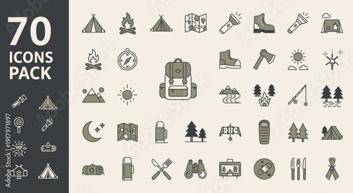 Camping and Outdoor Adventure Icons Pack - Linear Style